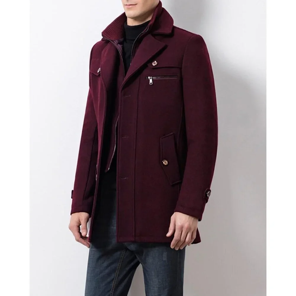 Men's Wine Wool Blend Coat Warm Winter Trench Coat With Detachable Soft Scarf